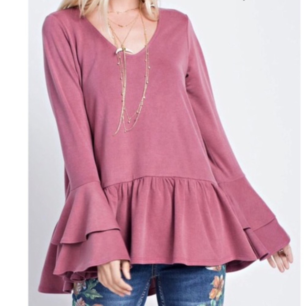 Washed French Terry Boho V-Neck Tunic w Ruffles - Picture 2 of 7